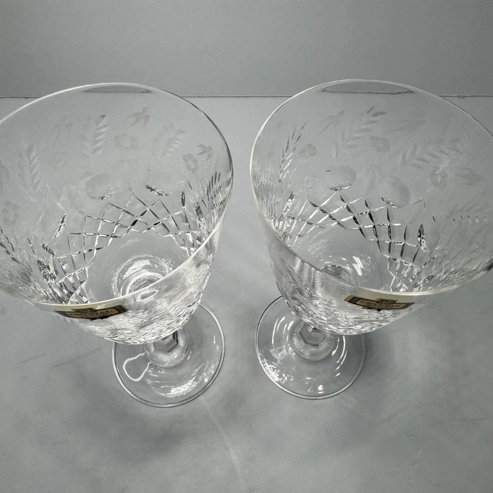 Crystal Zajecar‎ Wine Glasses Goblets Nobility Pattern Set of 2 NWOT Vintage New